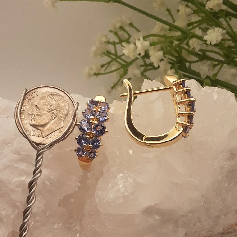 Yellow Gold Over 925, Genuine Tanzanite Hoop Earrings. - Picture 5 of 5
